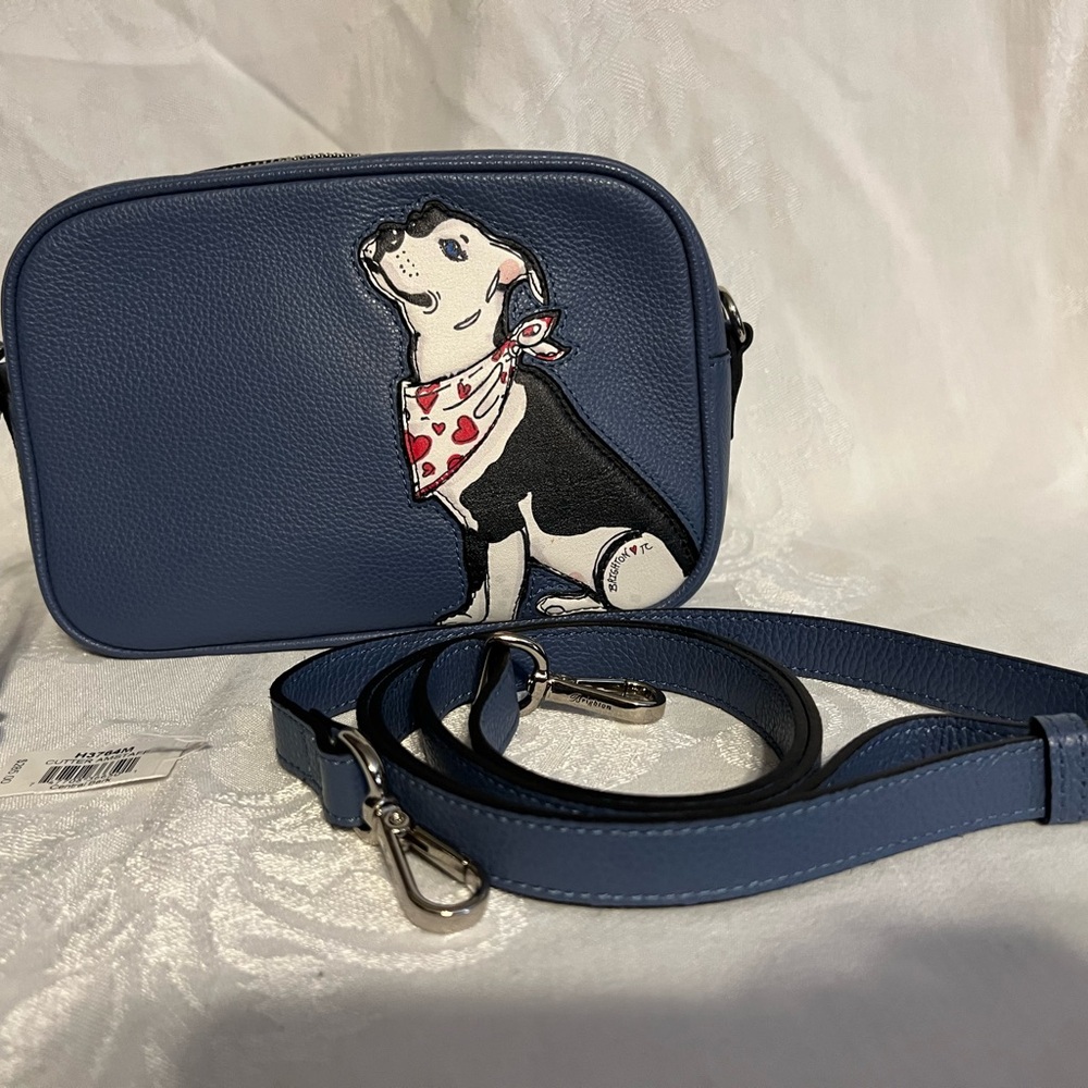 Brighton cornflower blue clutch with black & white dog wearing a heart bandana